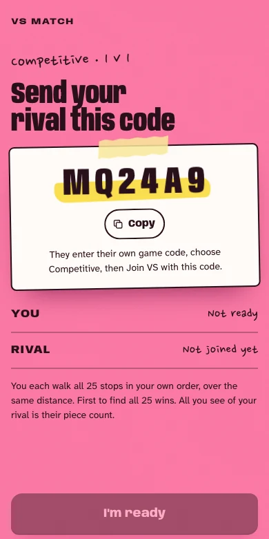The VS match screen: send your rival this code, a 6-character match code with a Copy button, and both players not ready yet