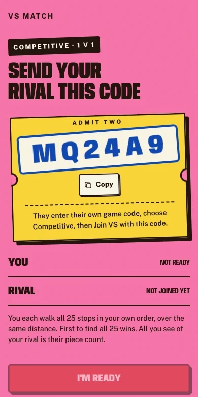 The VS match screen: send your rival this code, a 6-character match code on a ticket with a Copy button, and both players not ready yet