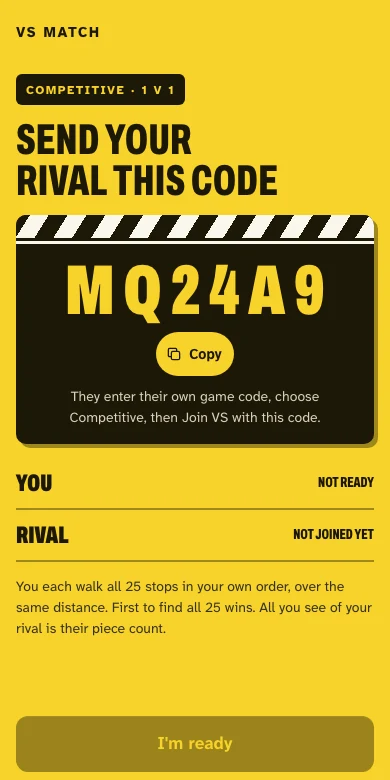 The VS match screen: send your rival this code, a 6-character match code on a clapperboard with a Copy button, and both players not ready yet